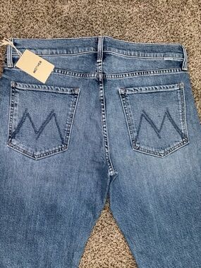 MOTHER Women's Medium Blue Straight-Leg Jeans with Back Pocket 'M' Stitch
